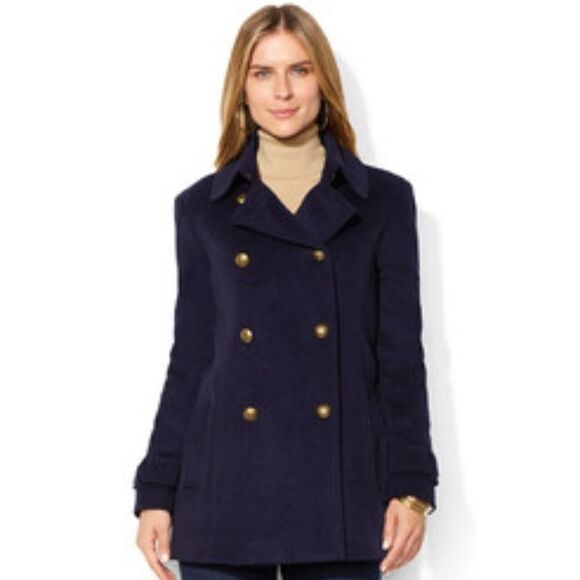 Lauren Ralph Lauren Metal Button Double Breasted Pea Coat Navy Size 4 New No Tag - Picture 1 of 9